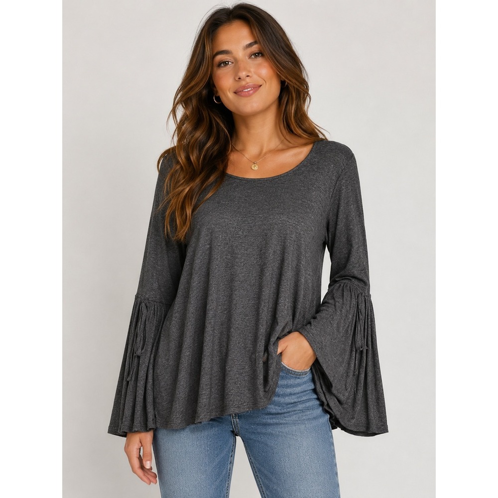 Coverstitched Gray‎ Bell Sleeve Tie Detail Knit Top JT00338 L